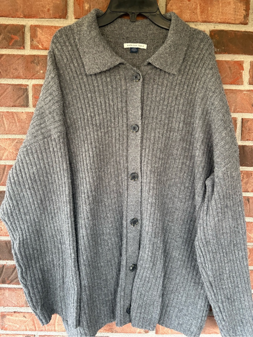 American Eagle Outfitters Oversized Charcoal Ribbed Button-Up Cardigan